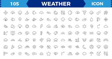 tempo metereologico icone. tempo metereologico previsione icona impostare. nuvole logo. tempo metereologico , nuvole, soleggiato giorno, Luna, fiocchi di neve, sole, piovere, tuono tempesta, rugiada, vento, sole giorno. illustrazione vettore