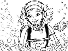 colorazione libro per bambini subacqueo mondo. carino poco ragazza nel un' tuta spaziale e immersione maschera con un' pesce. vettore