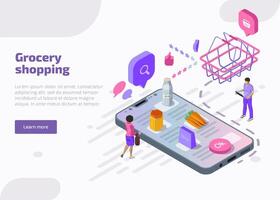 drogheria shopping in linea concetto. isometrico smartphone schermo con supermercato cestino, la verdura, cibo, bevanda. persone di App su mobile dispositivi rendere un' Acquista, acquistare prodotti, merce o ordine consegna vettore