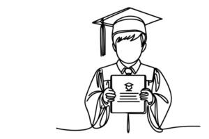 uno continuo nero linea arte disegno di scuola alunno ragazzo diplomato Tenere certificato carta scarabocchio stile su bianca sfondo vettore