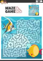 labirinto gioco con cartone animato pesce marino animale personaggi vettore