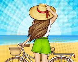 pop arte estate ragazza nel pantaloncini e cannuccia cappello in piedi indietro con bicicletta, illustrazione su mezzitoni sfondo con mare e spiaggia. giovane donna vicino bicicletta con cestino, indietro Visualizza. vettore