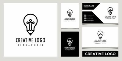 leggero lampadina con penna attività commerciale logo design modello con attività commerciale carta design vettore