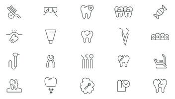 dentale cura linea icona impostare. odontoiatria, medico, impiantare, bretelle, dentista, mal di denti, allineatori, impiallacciature, dente schema icone collezione. magro schema icone pacchetto. vettore