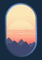 montagne aereo Visualizza con picchi e tramonto illustrazione manifesto. minimalista pendenza rosso Alba parete arredamento. vettore