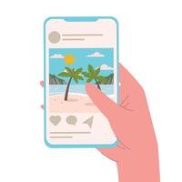 sociale media profilo pagina su mobile Telefono. sociale media pagina con immagine a partire dal vacanza su smartphone persona Tenere Telefono. in viaggio concetto. illustrazione nel piatto design stile vettore