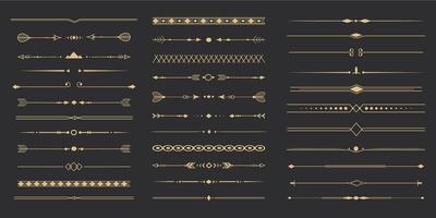 testo deviatore impostare, oro linea minimo separatori, elegante doodle frontiere, decorativo elementi isolato su buio sfondo. vettore