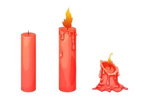 impostato rosso cera candela stadi ardente con fuoco, fiamma isolato su bianca sfondo. animazione oggetti vettore
