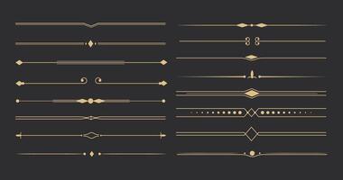 testo deviatore impostare, oro linea minimo separatori, elegante doodle frontiere, decorativo elementi isolato su buio sfondo. vettore