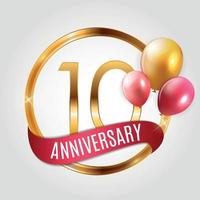 modello logo oro 10 anni anniversario con nastro e palloncini illustrazione vettoriale