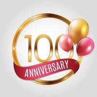 modello logo oro 100 anni anniversario con nastro e palloncini illustrazione vettoriale