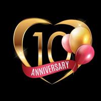 modello logo oro 10 anni anniversario con nastro e palloncini illustrazione vettoriale
