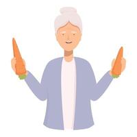 allegro anziano donna cartone animato personaggio mostrando Due fresco carote vettore