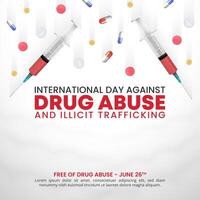 internazionale giorno contro droga abuso e illecito traffico con farmaci e un iniettore vettore
