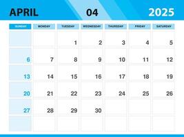 aprile 2025 modello, calendario 2025 modello , progettista mensile disegno, scrivania calendario 2025, parete calendario disegno, minimo stile, annuncio, manifesto, stampa media, verde sfondo concetto vettore