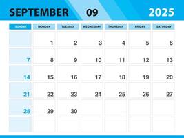 settembre 2025 modello, calendario 2025 modello , progettista mensile disegno, scrivania calendario 2025, parete calendario disegno, minimo stile, annuncio, manifesto, stampa media, verde sfondo concetto vettore
