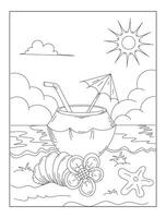 estate colorazione libro per bambini e adulti, Noce di cocco con cannuccia nel spiaggia, mano disegnato schema per colorazione libro vettore