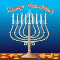 Modello di carta felice Hanukkah con luci e monete vettore