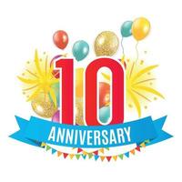 modello 10 anni anniversario congratulazioni, biglietto di auguri con palloncini invito illustrazione vettoriale