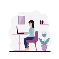 una donna lavora a casa al computer. il concetto di freelance, lavoro d'ufficio, isolamento durante la quarantena del coronavirus. illustrazione vettoriale di uno stile piatto.