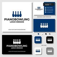 disegno del logo delle note di bowling e pianoforte con modello di biglietto da visita. vettore