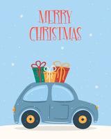 auto blu di natale con scatole regalo. buon Natale. illustrazione vettoriale piatto stile cartone animato. Biglietto natalizio.