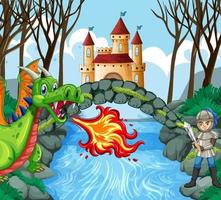 drago e cavaliere nella scena della foresta del castello vettore