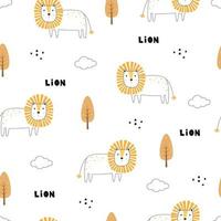 modello di leone e albero senza soluzione di continuità sfondo animale disegnato a mano del fumetto in stile bambino progettato per la pubblicazione, sfondi, tessuto, tessuti. illustrazione vettoriale