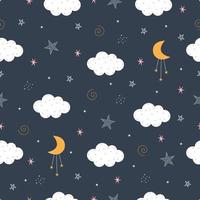 cielo notturno senza cuciture con falce di luna e nuvole bianche disegno disegnato a mano in stile cartone animato, uso per la stampa, carta da regalo, tessuti. illustrazione vettoriale