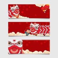 set di capodanno cinese con banner di danza del leone vettore