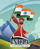 un uomo indiano che tiene una bandiera il giorno della repubblica dell'india vettore