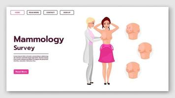 modello di vettore della pagina di destinazione dell'indagine mammologica. idea dell'interfaccia del sito Web di diagnosi precoce del cancro al seno con illustrazioni piatte. layout della homepage della palpazione del seno. banner web, concetto di fumetto della pagina web