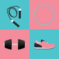 sport hula hoop, scarpe da ginnastica, manubri e corda per saltare icona set piatto illustrazione vettoriale