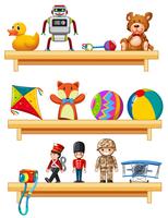 Molti giocattoli sugli scaffali in legno vettore