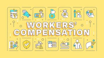 lavoratori compensazione giallo parola concetto. attività commerciale assicurazione, dipendenti salvaguardia. tipografia striscione. illustrazione con titolo testo, modificabile icone colore vettore