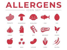 allergeni icona impostare. arachidi, fungo, crostacei, pesce, uovo, aglio, latte, soia rosso carne, sedano, frutta, seme, legume e Mais glutine allergene icone vettore