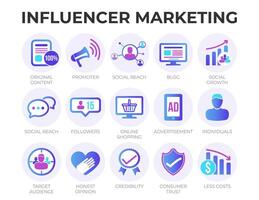 moderno digitale influencer marketing icona impostato con seo, e-mail marketing, ragnatela disegno, analisi, sociale media e altro icone. vettore