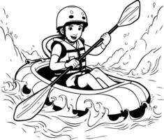 illustrazione di un' ragazzo nel un' kayak su un' fiume. vettore