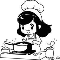 illustrazione di un' poco ragazza cucinando nel il cucina. cartone animato stile vettore