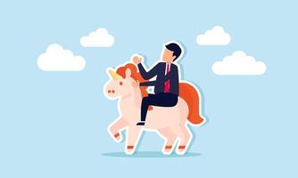 unicorno avviare, riuscito creativo idea per guadagnare i soldi e rendere vero profitto, concetto di inteligente riuscito uomo d'affari, azienda fondatore miliardario investitore equitazione un' unicorno a dondolo cavallo in il cielo vettore