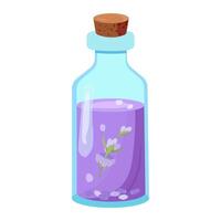 lavanda olio per terme trattamenti e aromaterapia. bicchiere bottiglia con lilla liquido. illustrazione nel piatto stile su bianca sfondo. vettore