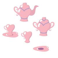 carino semplice rosa posto ambientazione basato su un' cuore forma. teiera, zucchero ciotola, tazza e piattino nel morbido pastello colori. stoviglie nel scatola di cartone stile. vettore