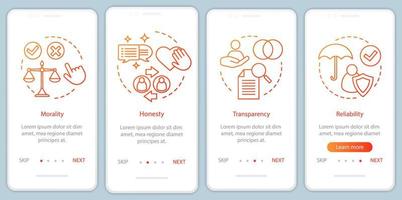 principi etici onboarding modello di vettore dello schermo della pagina dell'app mobile. moralità, trasparenza, affidabilità. procedura dettagliata del sito Web con illustrazioni lineari. ux, ui, gui concetto di interfaccia per smartphone