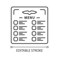 icona lineare del menu di volo. nutrizione dell'aereo. pasto aereo. cena in aereo. pranzo al ristorante. servizio aereo. illustrazione di linea sottile. simbolo di contorno. disegno vettoriale isolato profilo. tratto modificabile