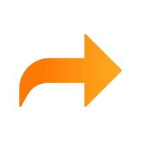 freccia curva arancione destra design piatto icona colore lunga ombra. curva di direzione in avanti. puntatore di movimento. freccia di navigazione. cursore di puntamento. indicatore, designatore. illustrazione vettoriale silhouette