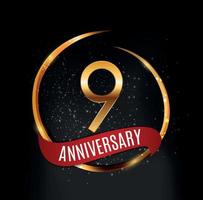 modello logo oro 9 anni anniversario con illustrazione vettoriale nastro rosso