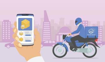 consegna della scatola delle merci con la moto con e le app per smartphone sfondo della città sillhouette - vector