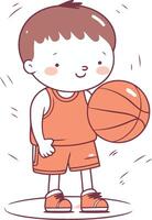 carino poco ragazzo giocando pallacanestro nel cartone animato stile. vettore