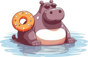 illustrazione di un' ippopotamo con un' ciambella nel il acqua vettore