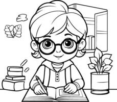 nero e bianca cartone animato illustrazione di poco ragazzo studiando o apprendimento a casa colorazione libro vettore